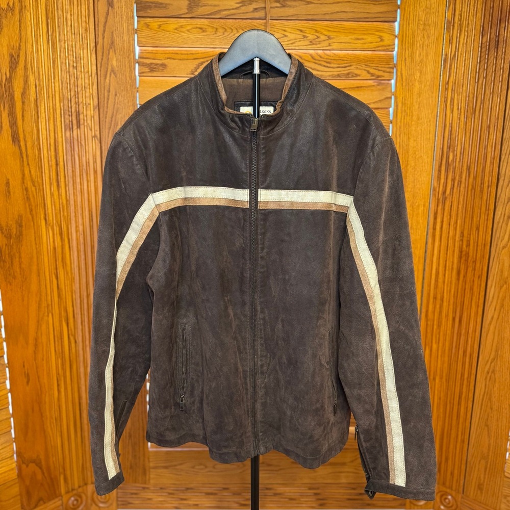 Vintage Wilsons Leather Mens XL Brown Suede Cafe Racer Jacket Racing Stripes